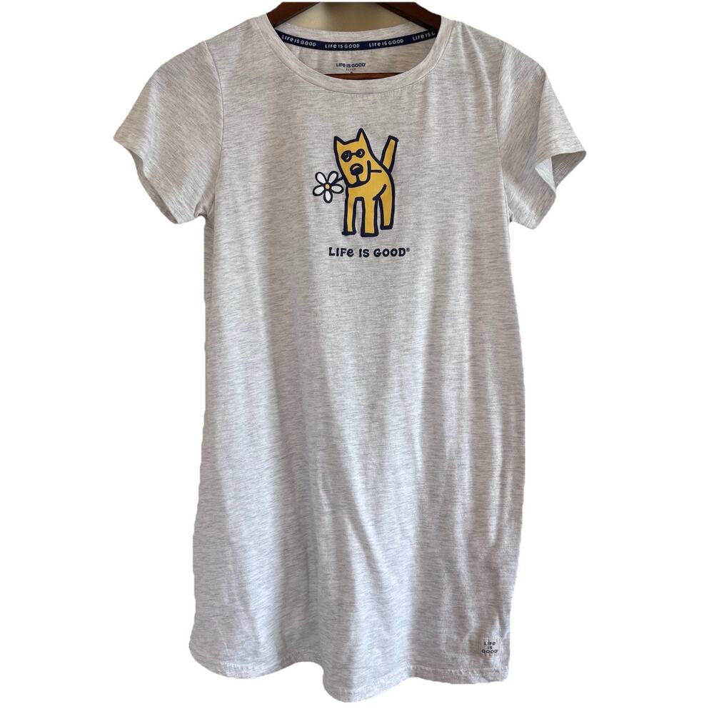 Life is Good Sleep Shirt Nightgown Gray with Dog & Flower Size Small Night Shirt